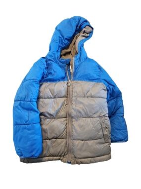 Kids Two-Tone Blue & Gray Hooded Puffer Jacket Old Navy Fleece Lined Size 5t